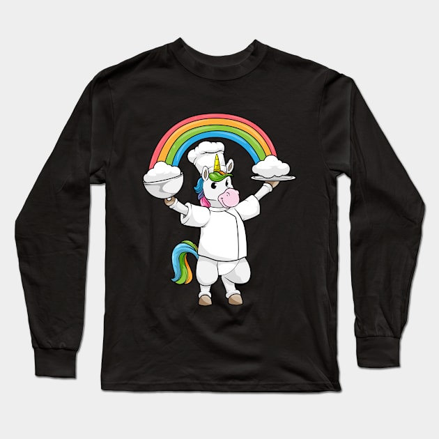 Unicorn as Cook with Chef hat Rainbow and Clouds Long Sleeve T-Shirt by Markus Schnabel